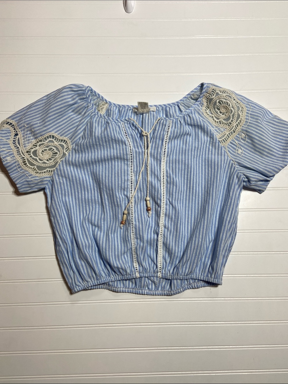 VTG Y2K Passport Cotton Peasant Top Size L Blue/Wht Balloon Sleeve Crochet EUC